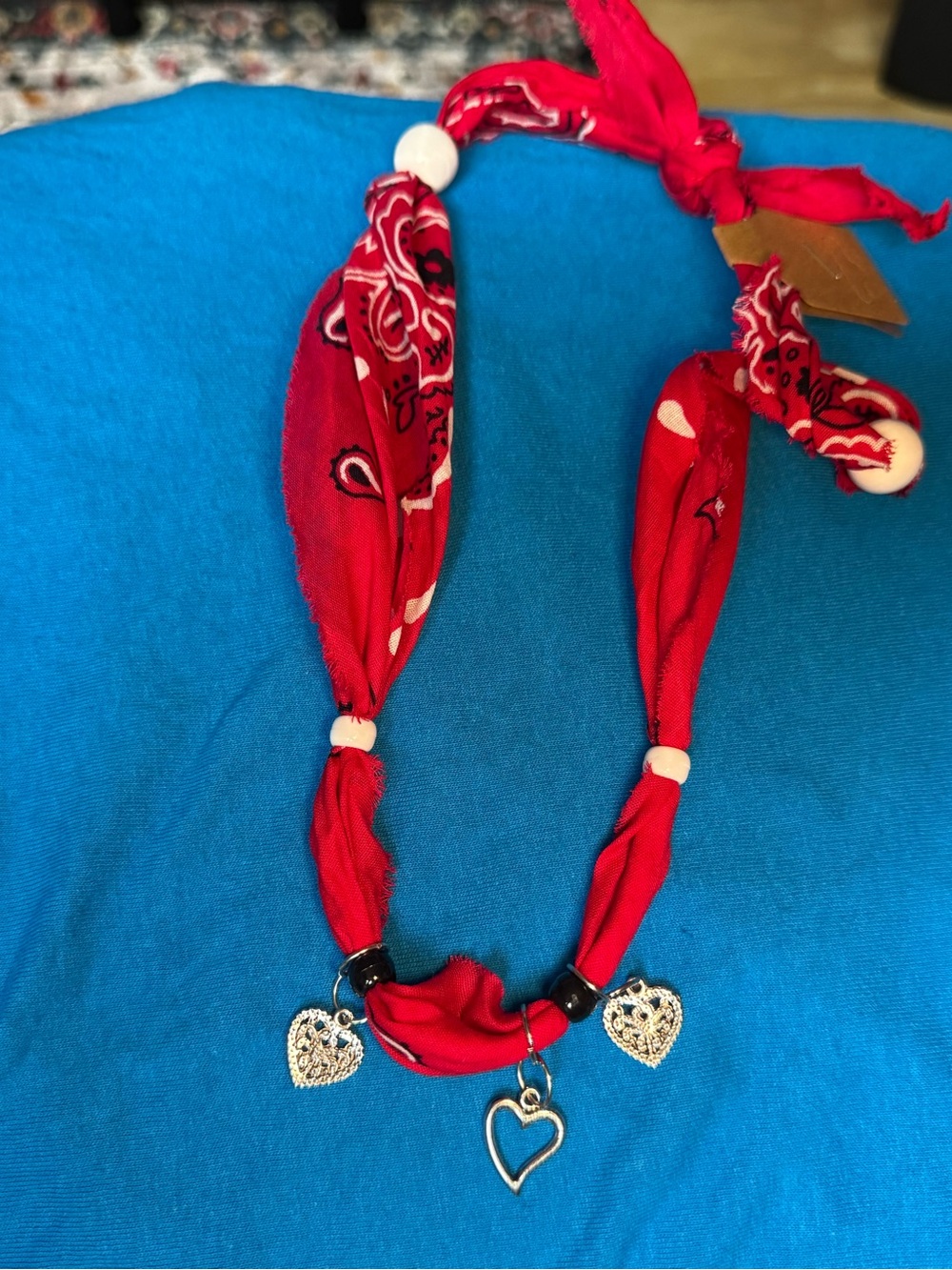 Red Bandana Scarf Necklace with Silver Heart Charms